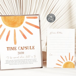 Sinal editável da cápsula do tempo da primeira viagem ao redor do sol, pôster de estatísticas do primeiro aniversário do Boho Sunshine Decorações de aniversário do sol Download instantâneo