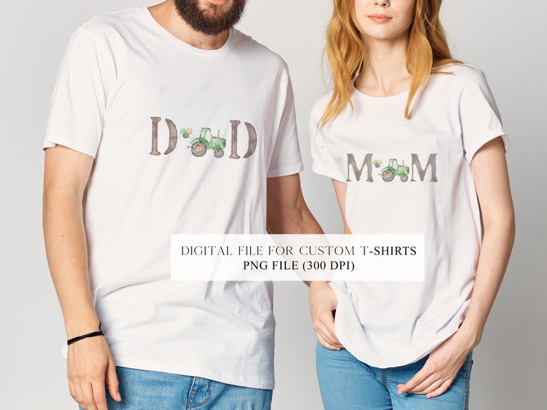 May include: A digital file for custom t-shirts featuring a green tractor with the words "DAD" and "MOM" in brown letters. The tractor is surrounded by small yellow flowers.