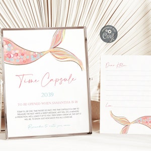 Mermaid First Birthday Time Capsule Sign & Card (Editable Template)