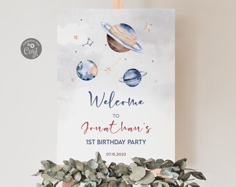 Outer Space 1st Birthday Welcome Sign: Galaxy Planets (PRINTABLE)
