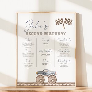 May include: A printable birthday chart for a boy named Jake celebrating his second birthday. The chart includes details about his favourite books, toys, foods, and his height and weight. The chart is decorated with a monster truck and chequered flags.