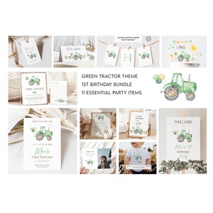 May include: Green tractor themed first birthday party printable bundle. Includes welcome sign, time capsule, thank you tag, tractor sign, first year sign, and more.