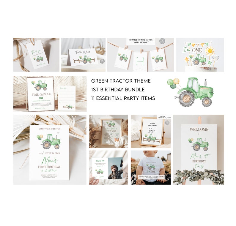 May include: Green tractor themed first birthday party printable bundle. Includes welcome sign, time capsule, thank you tag, tractor sign, first year sign, and more.