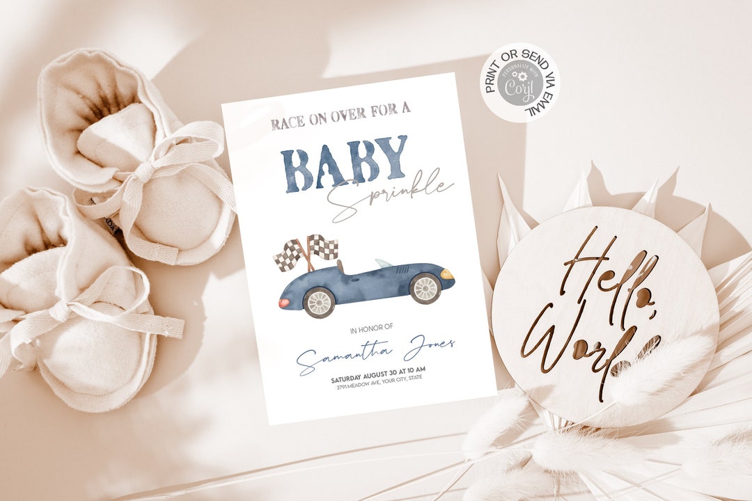 Race on Over Navy Blue Race Car Baby Sprinkle Invitation, Editable ...