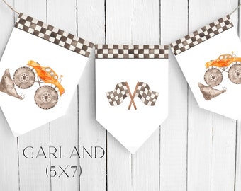 May include: A garland with five flags featuring a monster truck and checkered flags. The flags are white with a black and white checkered border. The text "GARLAND (5X7)" is printed below the flags.