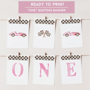 Printable Pink Race Car &quot;ONE&quot; Birthday Bunting Banner, 1st Birthday Banner Garland, Girl Theme Racing Car, NOT EDITABLE, Digital Download