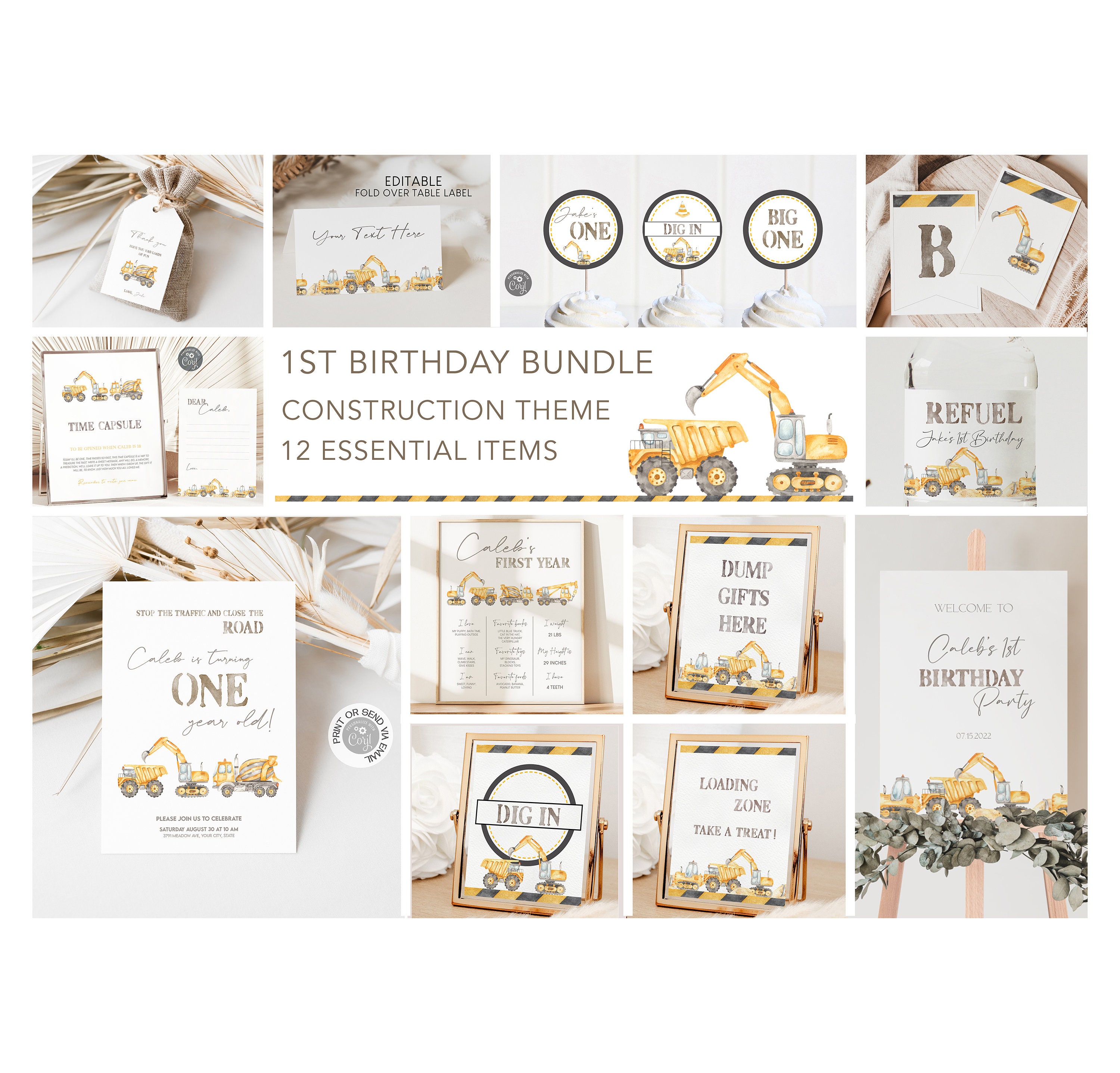 Construction 1st Birthday Party Bundle: Editable Invitation Templates (Digital Download)