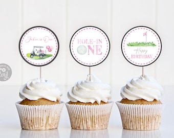 Adornos para cupcakes de golf rosa para el primer cumpleaños (descarga digital)