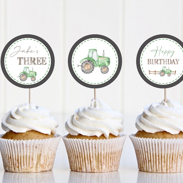 Editable Green Tractor Birthday, Party Cupcake Decorations, 3rd Birthday Cupcake Tops, Digital download Prints