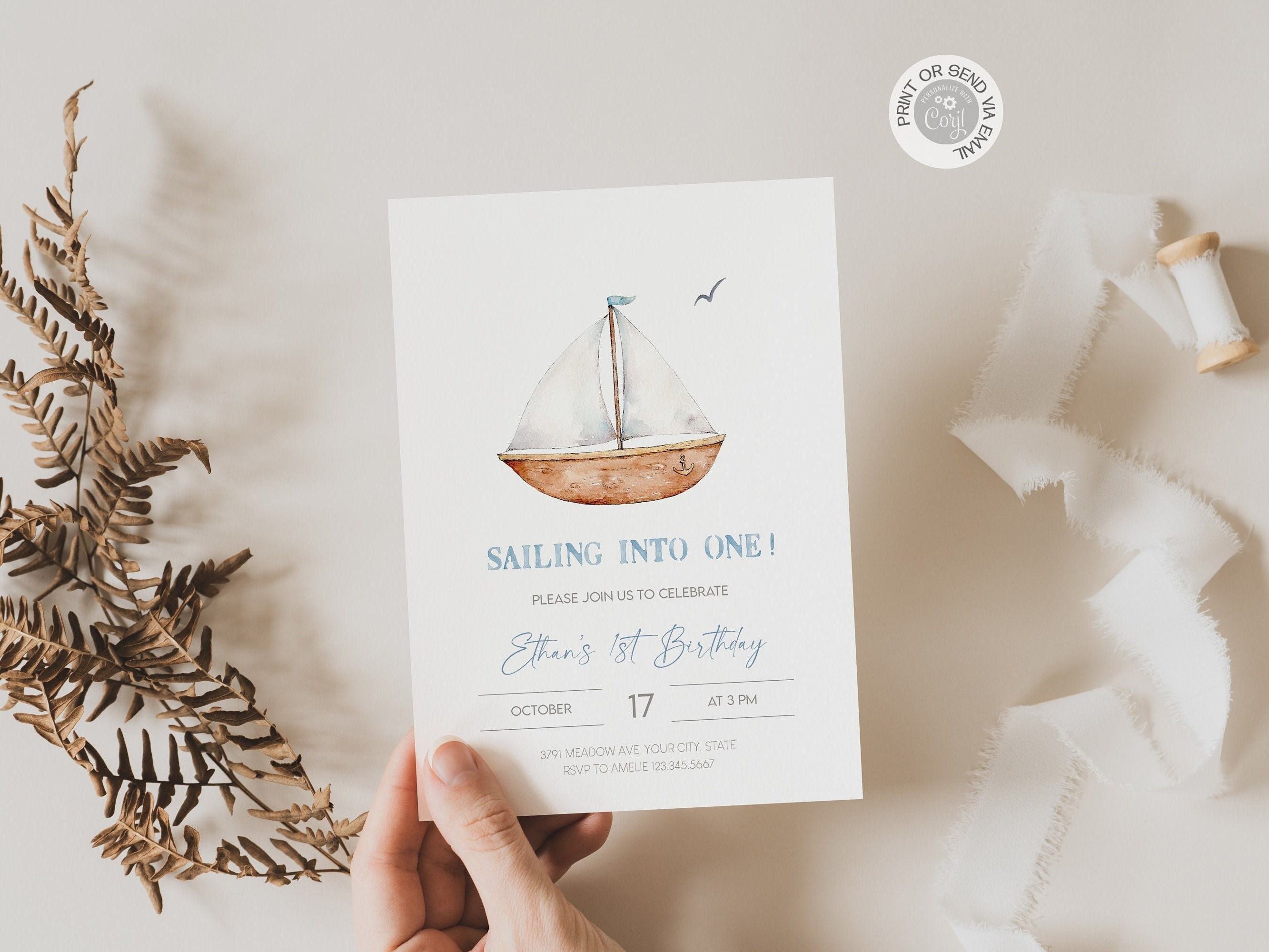 Sailing into One 1st Birthday Invitation Editable Sailboat Birthday Invite Template Charming Nautical Theme Printable Digital