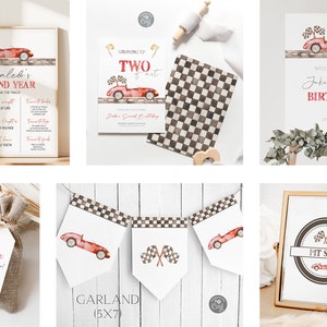 Op de afbeelding: Een set met printbare feestversiering voor een tweede verjaardagsfeest met een raceautothema. De set bevat een welkomstbord, een slinger, een bedankkaartje en een pitstopbord. De versiering heeft een rode raceauto met een geblokte vlag en het nummer twee.
