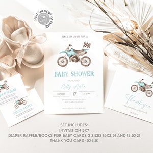 Blauwe Dirt Bike Baby Shower Uitnodiging Set, Luier Loterij, Boeken voor babykaart, Bewerkbare Fiets Uitnodiging Sjabloon, Afdrukbare Digitale Download