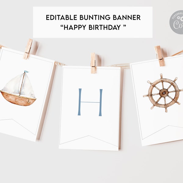 Nautical Birthday Bunting Banner, Editable Sailboat Banner Garland, Blue Boat Birthday Party Decor, Printable Digital Download