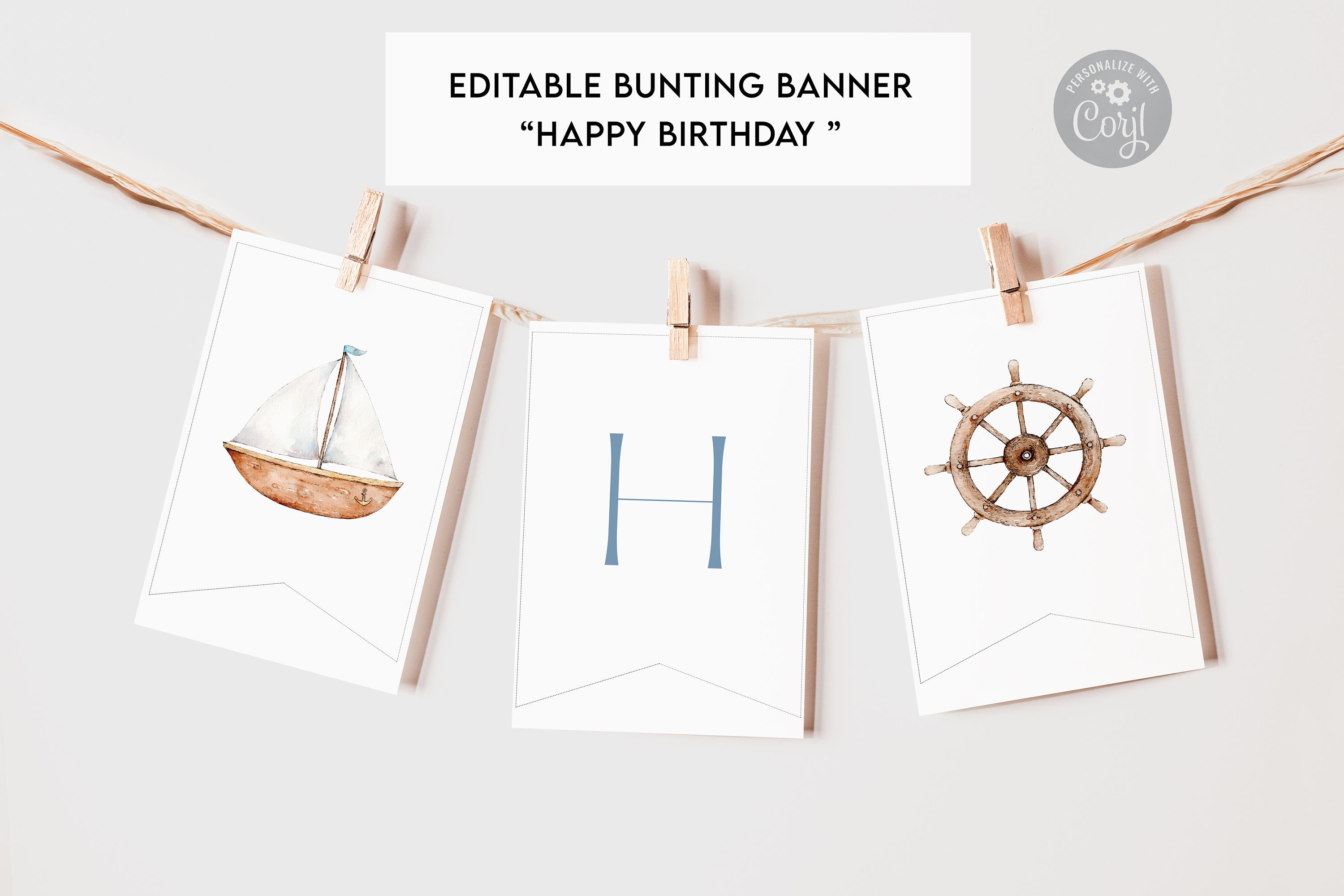 Nautical Birthday Bunting Banner, Editable Sailboat Banner Garland, Blue Boat Birthday Party Decor, Printable Digital Download