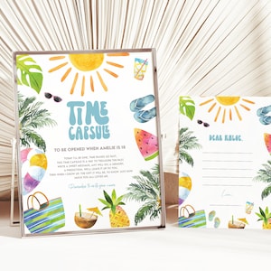 Sinal de cápsula do tempo para festa na piscina, modelo de pôster editável para festa com tema de praia de verão de primeiro aniversário, sinal de festa para impressão, download instantâneo