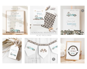 Editable Growing Up TWO Fast Race Car Birthday Invitation Package, 2nd Birthday Vintage Blue Race Car Birthday Bundle, INSTANT DOWNLOAD
