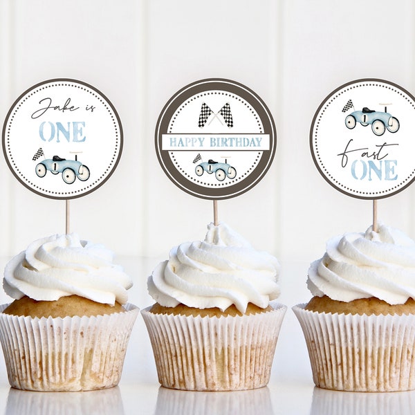 Blue Race car Ride-On Cupcake Toppers, Editable First Birthday Toddler Car Toy Party Decorations, Cup Cake Tops, Instant download