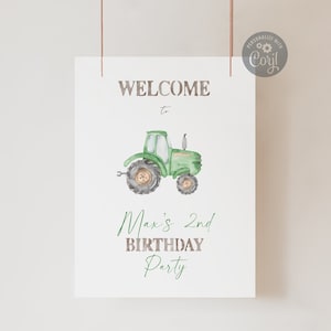 Cartello di benvenuto per il compleanno del trattore agricolo verde / Modello di cartello per la festa di compleanno del secondo camion verde modificabile Stampa digitale