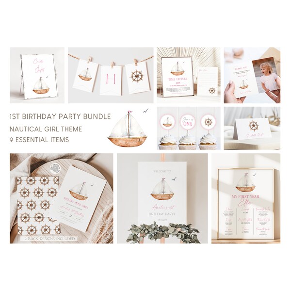 Editable Nautical Birthday Girl Bundle, Pink Rustic Sailboat Theme Party, Maritime Inspired Package, Printable Digital Download