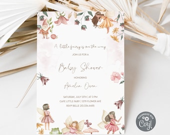 Plantilla de invitación para baby shower de hadas: Jardín mágico floral (editable en Corjl)