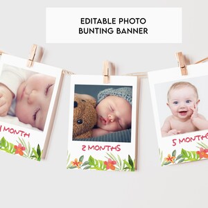 Bannière photo mensuelle modifiable sur le thème hawaïen, hula sur les photos de la première année de bébé, bannière de banderoles d'étape anniversaire d'été, impression numérique