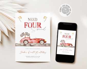 May include: A red racing car with chequered flags on top drives on a grey road. The text "NEED FOUR Speed" is written in red and black letters. The invitation says "Please join us to celebrate Jake's fourth birthday" and includes the date and time of the event.