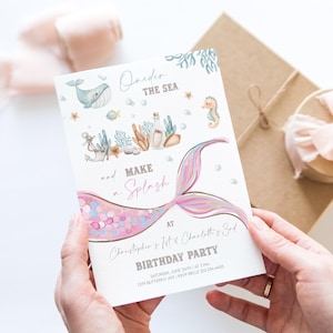 Faire-part d'anniversaire commun Oneder la sirène de mer - modifiable sous l'invitation de fête de la mer - frères et sœurs ou jumeaux - téléchargement numérique instantané