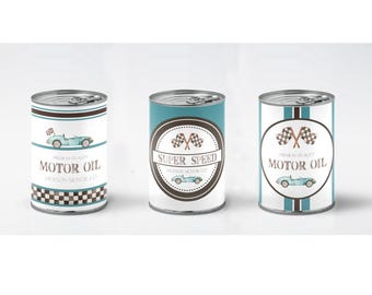 Etichetta per lattina di olio per motori da corsa d'epoca: decorazione per feste in auto retrò (download immediato)