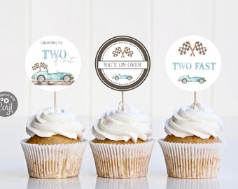 Ready to Print Race car Cupcake Toppers, Two Fast Party Decorations, Birthday, Cup Cake Tops, Instant download