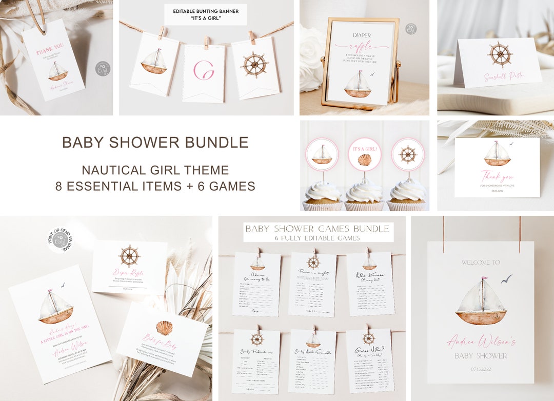 Editable Nautical Girl Baby Shower Bundle | Pink Sailboat Theme Party ...