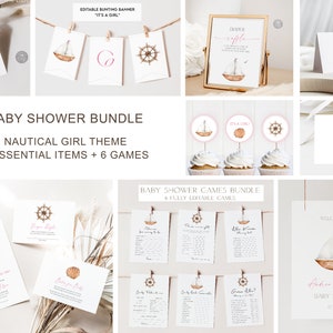 Bearbeitbares Nautical Girl Baby Shower Bundle | Rosa Segelboot Mottoparty | Baby Streupaket | Schneller druckbarer digitaler Download