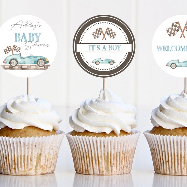 Editable Race car Cupcake Toppers, Baby Shower Party Decorations, Cup Cake Tops, Instant download