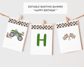 May include: Editable bunting banner with a chequered pattern and the words "Happy Birthday". The banner features a green ATV, a green letter "H", and two chequered flags.