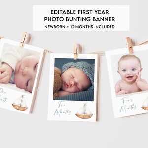 Charmante bannière photo mensuelle pour voilier, photos de la première année de bébé, bannière d'étape de bateau rustique, bannière de 1er anniversaire 12 mois