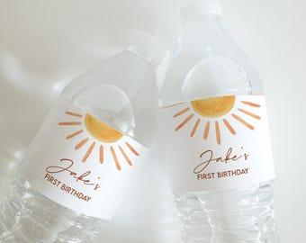 Etiqueta para botella de agua con temática de sol: Decoración editable para fiesta con temática de sol (descarga digital)