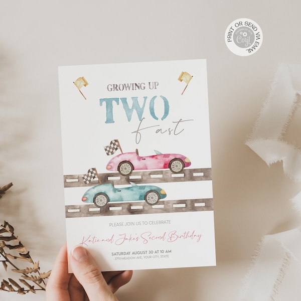 Twin Birthday Invitation, Blue and Pink Race Cars Siblings Birthday Invite, Editable Template, Growing Up TWO Fast, INSTANT DOWNLOAD
