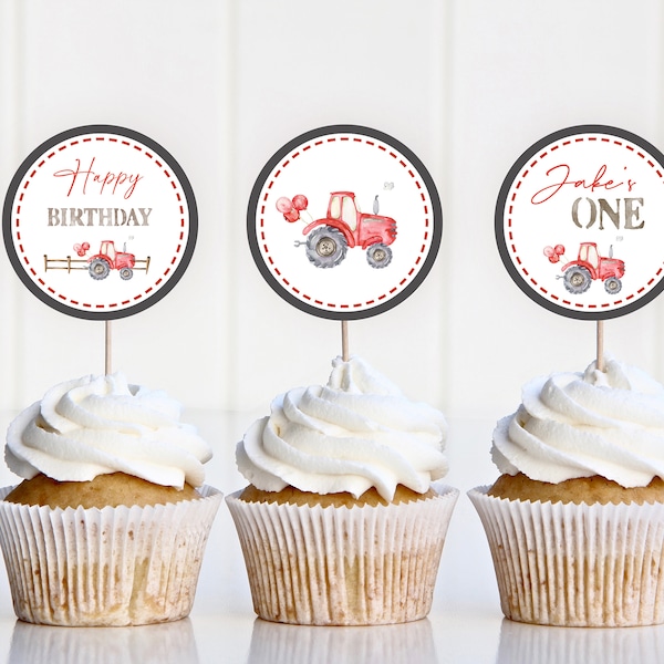 Red Tractor Birthday Cupcake Toppers, Customizable Name, Party Decorations, 1st Birthday Cupcake Tops, I Printable Digital download