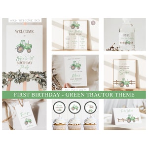 Minimalist Green Tractor Theme Kids Party Bundle, 8 Essential Party Prints | EDITABLE TEMPLATES | digital download