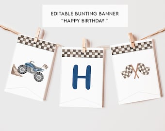 Puede incluir: Bandera de banderines editable con un patrón a cuadros y las palabras "Feliz cumpleaños". La bandera presenta un ATV azul, una letra "H" azul y dos banderas a cuadros.