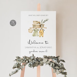 Neutral Gender Reveal Welcome Sign Editable, Bohemian Gender Reveal Boy Girl Rustic Nursery Dried Leaves Baby clothes Instant Download
