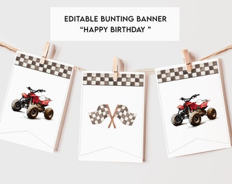 Puede incluir: Bandera de banderines editable con un borde a cuadros. La bandera presenta un ATV rojo, banderas a cuadros y el texto "Feliz cumpleaños".