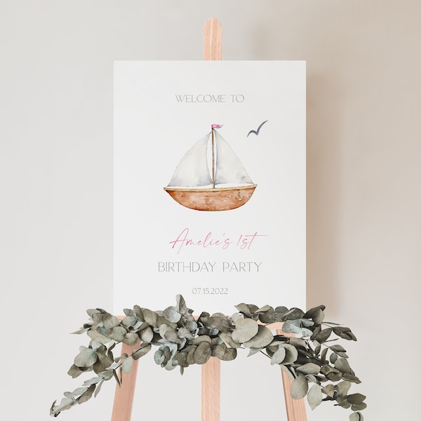 Editable Nautical  Birthday Welcome Sign, Pink Rustic Sailboat Birthday Party Decor, Maritime Themed   Printable Digital Download