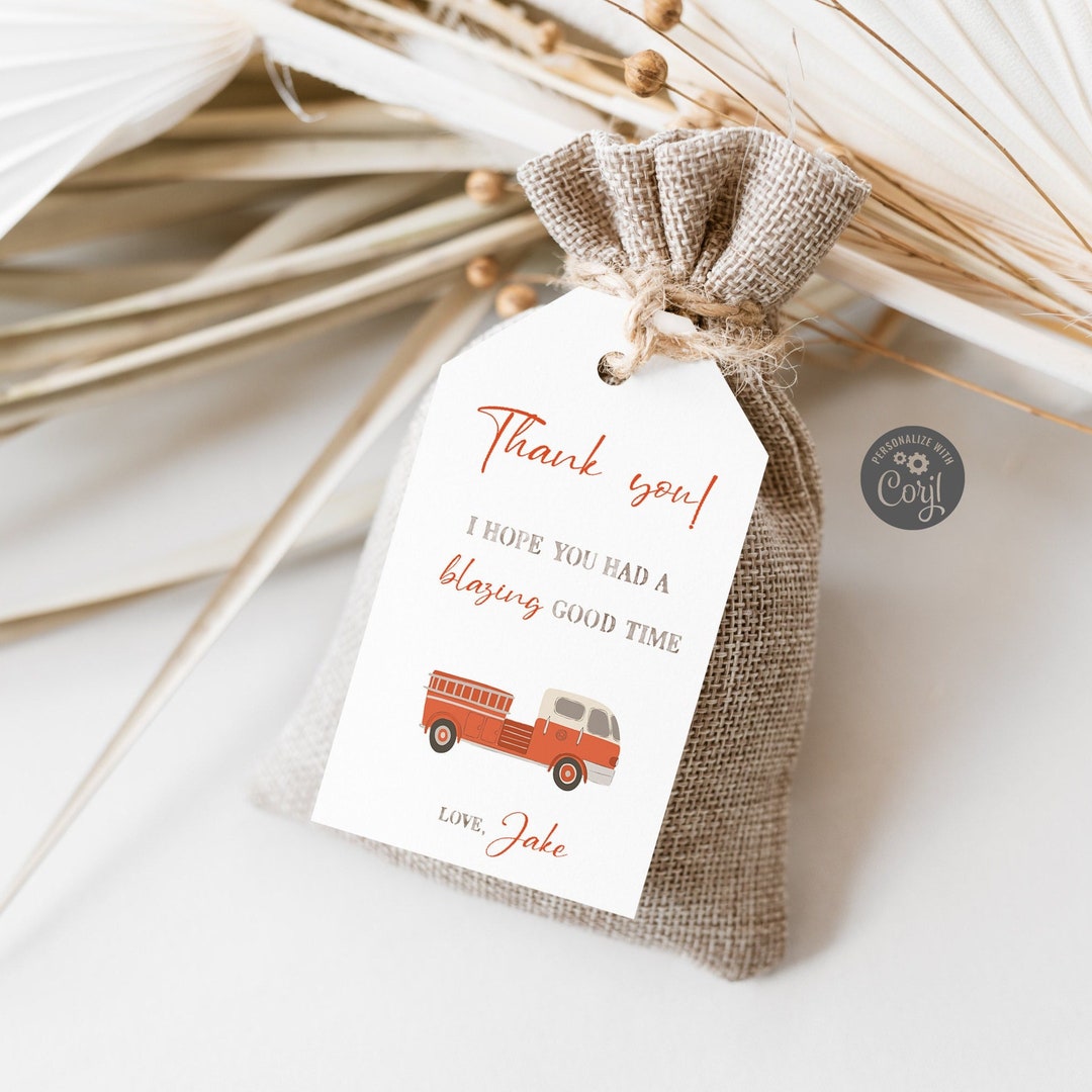 Firetruck Thank You Tags, Editable Minimalist Firefighter Theme ...