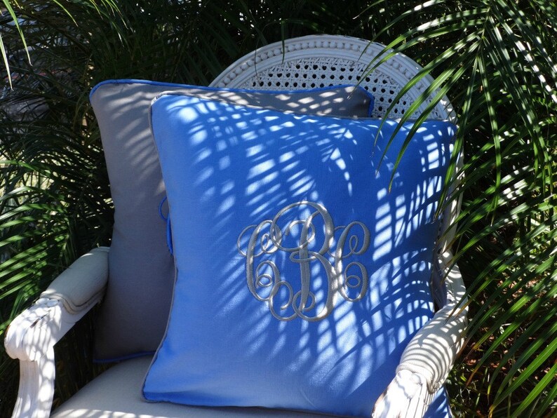 Monogrammed Piped Blue Linen Pillow Cover/18x18 20x20 22x22 Etsy