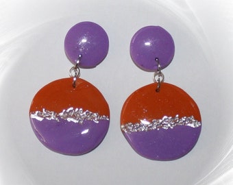 Earrings, drop earrings, statement earrings, lilac, orange silver, trendy jewelry, Polymer ART,