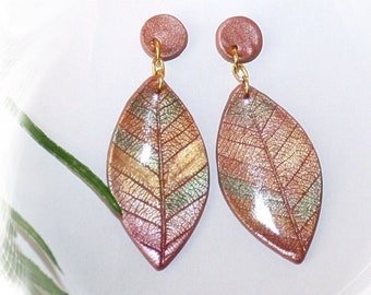 Earrings, hanging earrings, leaf earrings, polymer ART earrings, apricot earrings