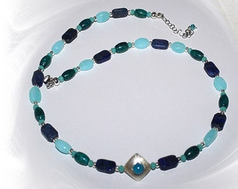 Necklace, Collier, Lapis Lazuli, Andean Opal, Silver, Gemstone Necklace Lapis Lazuli, Chrysocolla