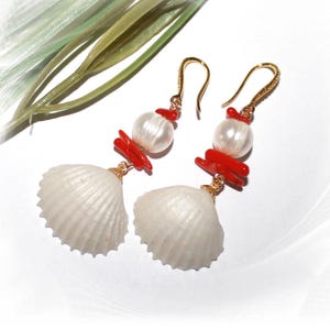 Unique earrings with coral and real pearls, red white gold, statement earrings, handmade, unique drop earrings