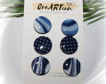 Ohrstecker, Blau, 3 er Set Ohrstecker, 3 Paar Ohrstecker, blau, Handmade Polymer ART,