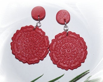 Beautiful earrings, mandala, earrings in red, mandala design, polymer art, hanging earrings